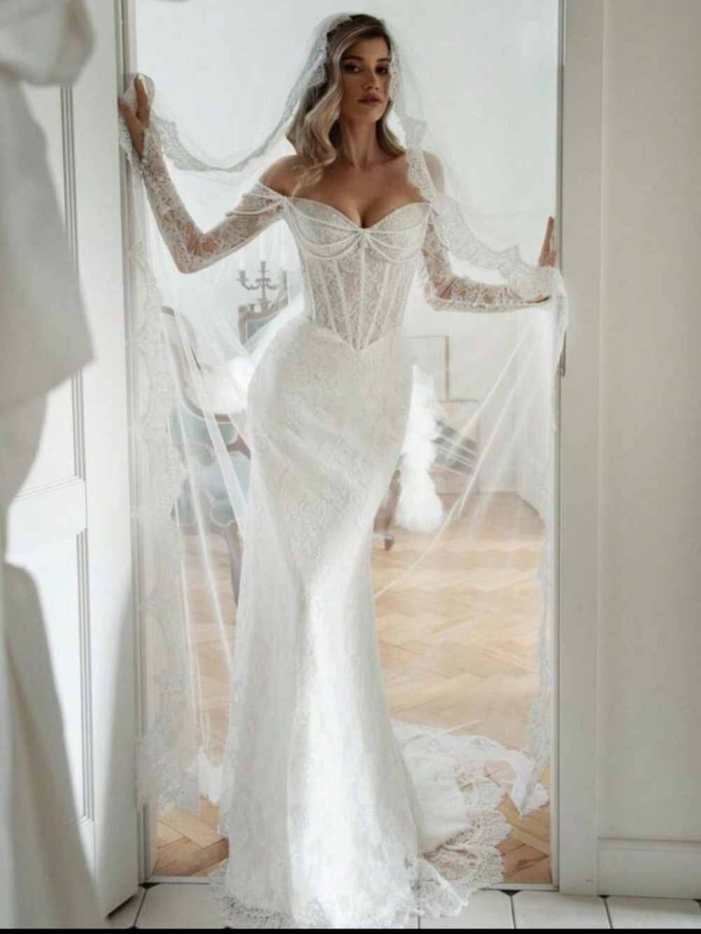 Lace Off-Shoulder Corset Wedding Gown in White